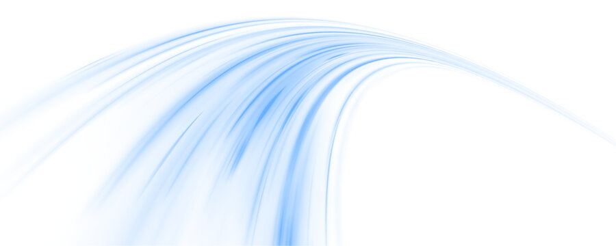 Neon laser speed lines flow along city highway. Blue light trails, wave energy, motion lines, swirl patterns, and cold wind create futuristic traffic visuals. Vector illustration PNG.