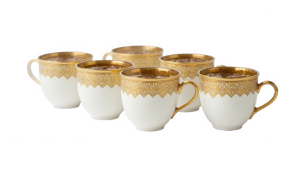 A collection of six elegant white porcelain coffee cups featuring intricate gold trim and filled with rich dark espresso on transparent background