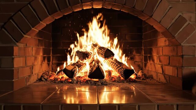 A fire burning in a brick fireplace with logs and flames 4k video