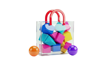 Clear Shopping Bag Filled with Colorful Geometric Shapes and Balls
