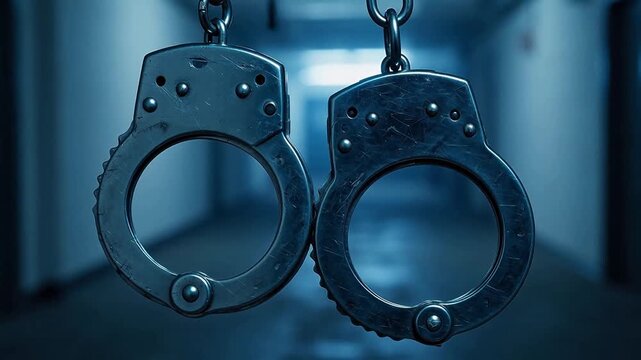 Metal handcuffs hanging in a hallway