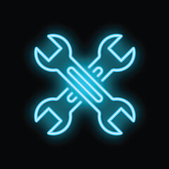 Neon sign showing two crossed wrenches glowing blue, perfect for representing mechanics and construction