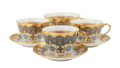 Luxurious set of four ornate porcelain teacups filled with warm brewed tea and resting on matching saucers on transparent background