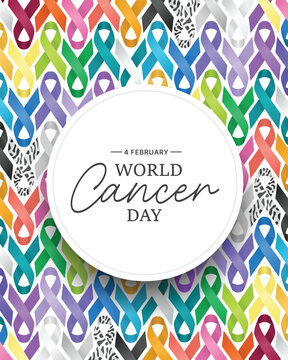 World Cancer Day text in white circle banner on background with set of ribbons of different colors against cancer vector design