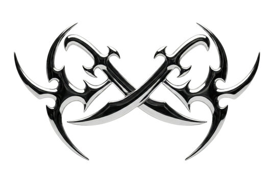 Silver chrome tribal blade tattoo shape. 3D cyber sigilism art.