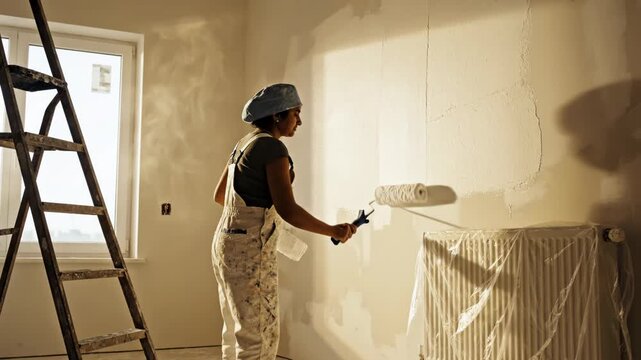 A person painting a wall with a roller and ladder nearby in a room 4k video