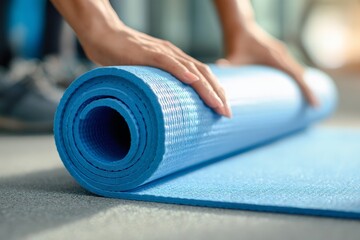 Placing Blue Exercise Mat Preparing Workout