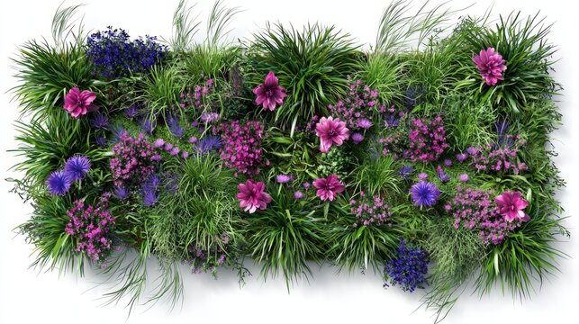 A vibrant top view of a flower bed interspersed with lush grasses. 