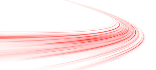 Neon red laser streaks twist along a city road. Glowing wave trails, motion swirls, blood streaks, and flashing police lights depict futuristic high-speed traffic. Vector illustration PNG. © Mirotvoric