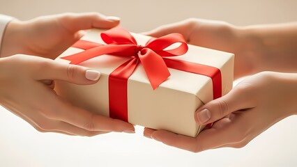 Close-up shot of a person handing over a wrapped gift box with red ribbon, suitable for International Women&rsquo;s Day, Mothers Day, holidays, celebration and giving concepts.