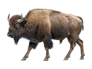 Brown bison stands, thick fur, horns, against plain background