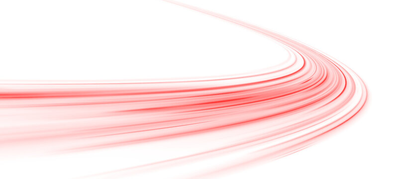 Neon red laser streaks twist along a city road. Glowing wave trails, motion swirls, blood streaks, and flashing police lights depict futuristic high-speed traffic. Vector illustration PNG.