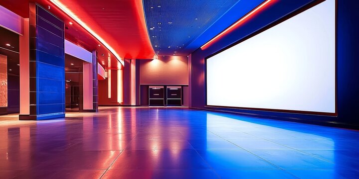 An unoccupied advertising panel in a cinema entrance.