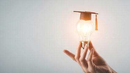 Hand holding a light bulb with a graduation cap symbolizing education, knowledge, innovation and empowerment, suitable for International Women&rsquo;s Day and academic themes.