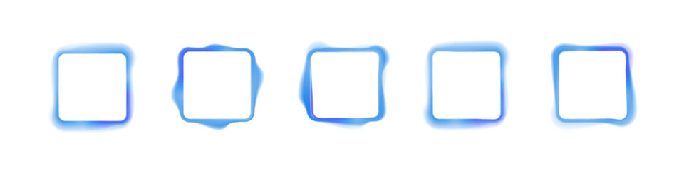 Neon blue square frame with gradient aura glow on white PNG vector background. Smooth luminous square with bright soft light edges. Abstract futuristic shape element. © Mirotvoric