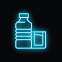 Fototapeta premium Blue neon sign depicting a plastic bottle and a glass, both filled with water, glowing on a black background