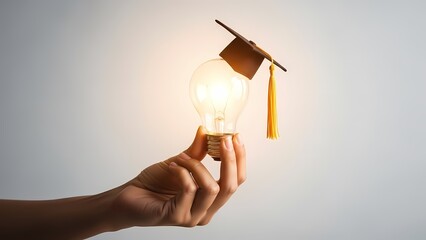 Hand holding a light bulb with a graduation cap symbolizing education, knowledge, innovation and empowerment, suitable for International Women&rsquo;s Day and academic themes.