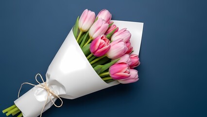 Fresh pink tulips wrapped in white paper placed on a dark blue background, representing spring floral gifts for International Women&rsquo;s Day.