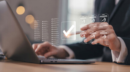 Online document validation and quality assessment management. Businessman reviewing checklist for business document evaluation, consulting, and market data report analysis