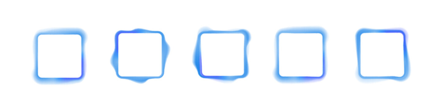 Neon blue square frame with gradient aura glow on white PNG vector background. Smooth luminous square with bright soft light edges. Abstract futuristic shape element.