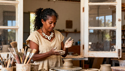 Focused female artist creating handmade pottery in a rustic studio. Black craftswoman with clay on her hands working on a potter's wheel.