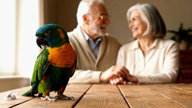 Colorful Parrot in Cozy Home with Senior Couple Sharing Romantic Moment
