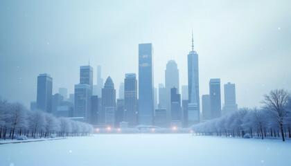 Fototapeta premium Winter city skyline covered with snow and frost, modern urban landscape with skyscraper, calm cold atmosphere and copy space
