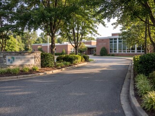 Obraz premium A quiet campus driveway lined with mature trees and landscaped greenery leading to a modern brick school building, captured in soft morning light.
