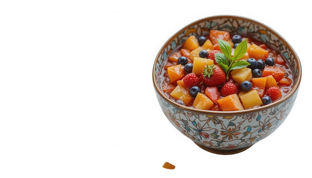 Deliciously refreshing mixed fruit salad featuring strawberries blueberries raspberries and cubed melon topped with mint leaves in a decorative bowl on transparent background