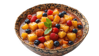 Vibrant and refreshing bowl of diced tropical fruit salad featuring mango blueberries and raspberries garnished with mint on transparent background