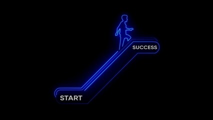 Obraz premium Man running up neon blue path from start to success