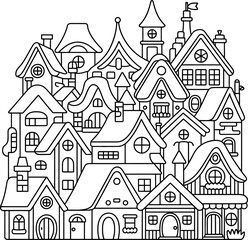 Black and white of various houses with intricate details