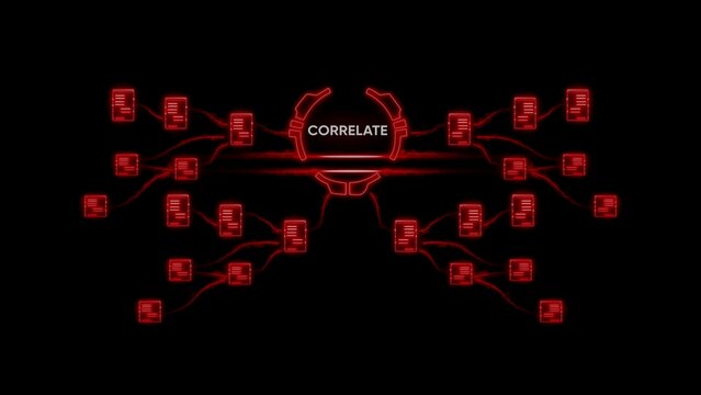 Red glowing correlate concept with documents and lines on black background