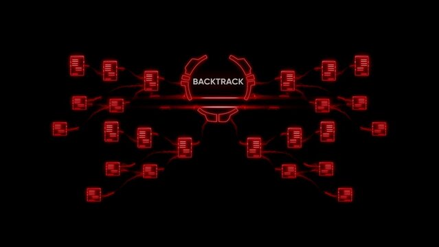 Red neon backtrack flowchart with glowing boxes and lines on black background