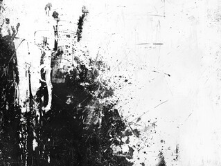 Fototapeta premium Abstract monochrome art; black ink splashes, drips, and textures on a pale background