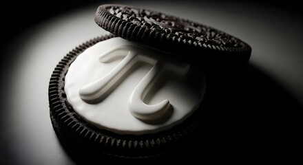 Creative closeup of an oreo cookie with the mathematical constant pi symbol embossed on the cream filling