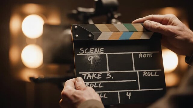 Hands holding a clapperboard on a movie set with lighting equipment 4k video