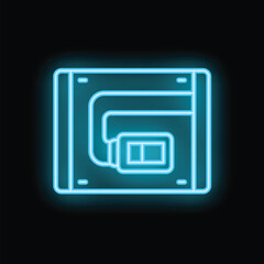 Fototapeta premium Blue neon icon of a vhs cassette tape glowing on a black background, representing 80s and 90s nostalgia