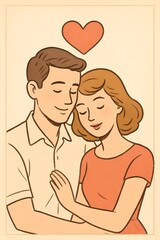 Obraz premium Hand-drawn retro illustration of a loving couple embracing tenderly with a heart for lasting relationship concept and emotional connection