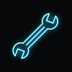 Blue neon sign in the shape of a wrench is glowing on a black background