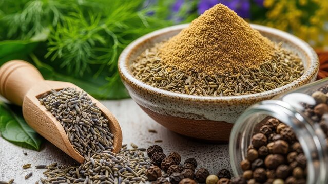Aromatic spices: cumin powder, seeds, and black peppercorns