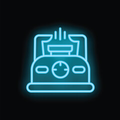 Fototapeta premium Blue neon icon of a camping stove emitting steam, set against a black background