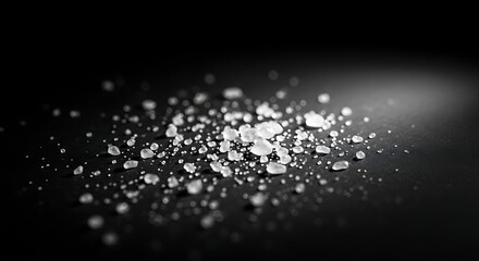 A close-up, monochromatic photo showing many small, crystalline structures scattered on a dark surface, lit from an angle