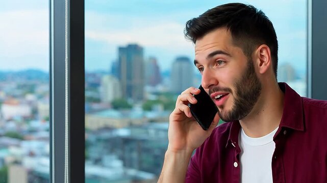 Man talking on phone by window