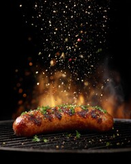Grilled Sausage with Cracked Pepper and Herbs on Flaming Grill