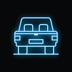 Obraz premium Blue neon pickup truck rear view glowing on a black background, simple transportation icon illustration