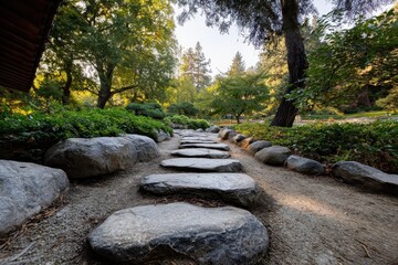 Fototapeta premium Barefoot Steps on Stone Path in Serene Japanese Garden Setting