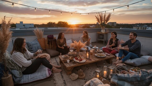 People at Rooftop Party with Pillows and Lights