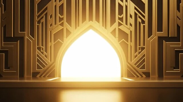 Elegant golden art deco background with geometric patterns and a bright archway.