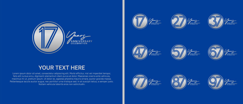 anniversary logo set with circle. silver color on blue background for celebration moment